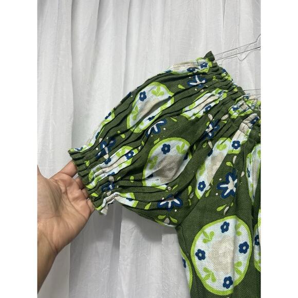 Innika Choo Dress 100% Linen Floral Dart Off Shoulder Mini Dress Boho Chic Green - Picture 2 of 13